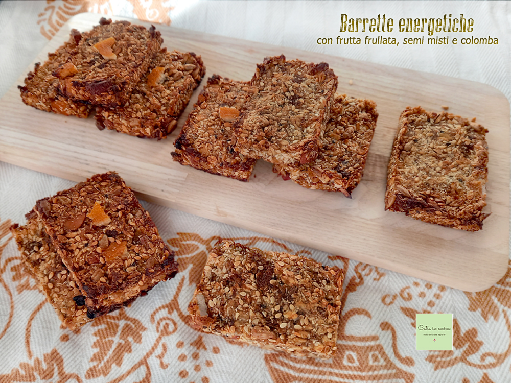 Energy bars with blended fruit, mixed seeds, and colomba