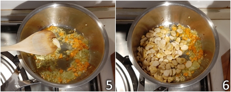 c. add hulled dried fava beans to the sauté