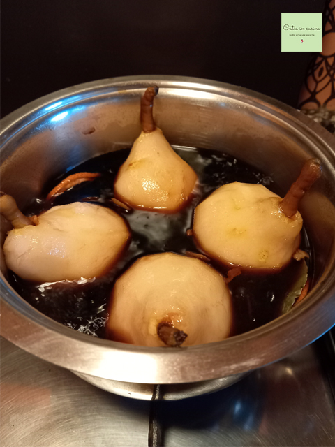cooking the pears in red wine