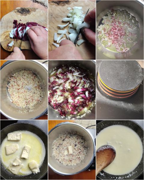 preparation of radicchio, speck, and taleggio risotto in a pressure cooker