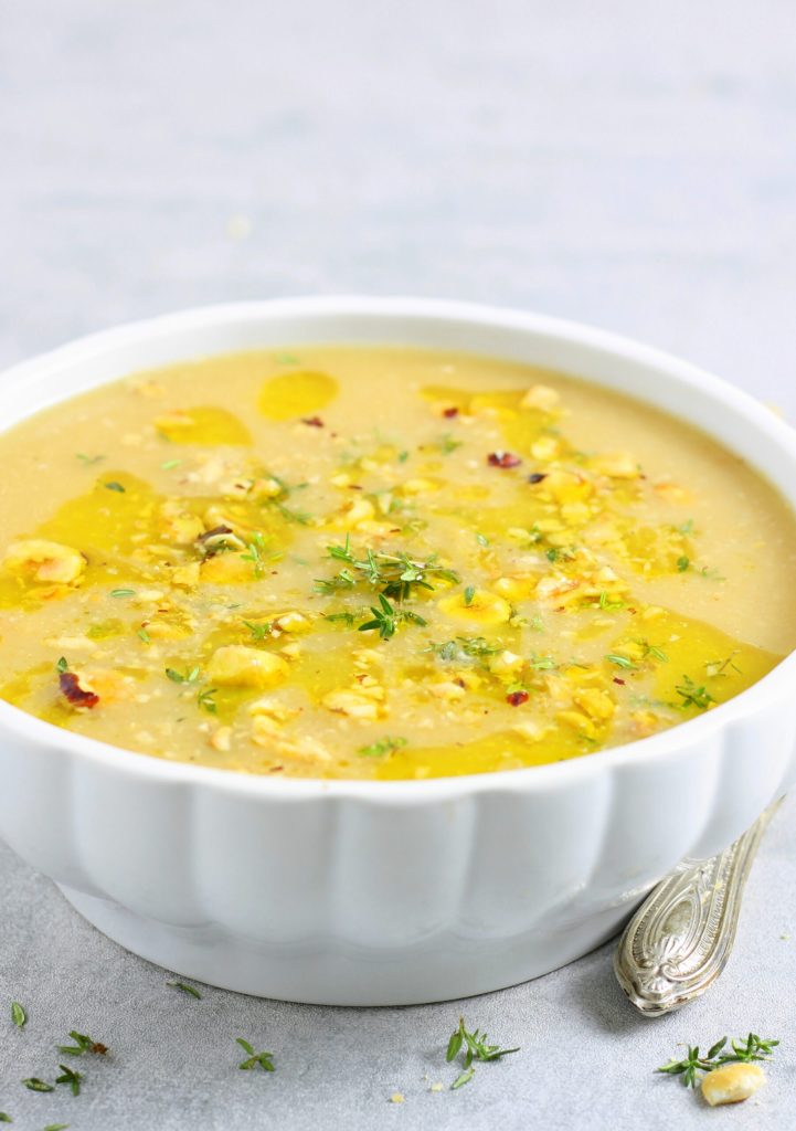 Cream of Celery Root Soup with Hazelnuts and Oregano: warm, creamy, and fragrant