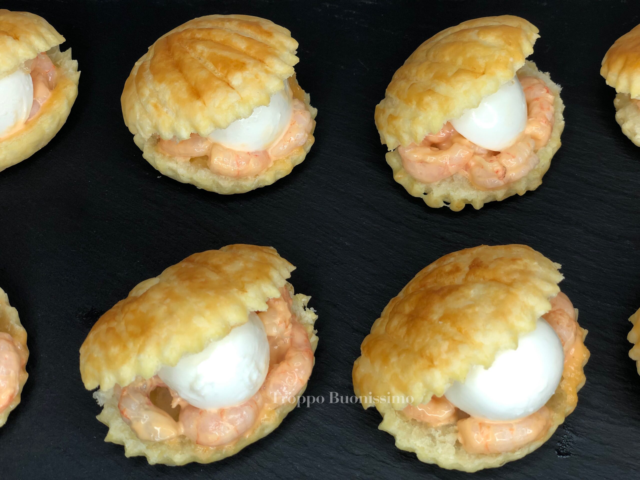 Savory Puff Pastry Shells with Cocktail Sauce, Shrimp, and Mini Mozzarellas