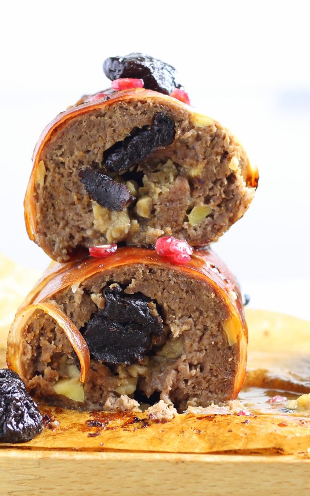 Stuffed Meatloaf with Apple, Chestnuts, and Prunes Wrapped in Speck