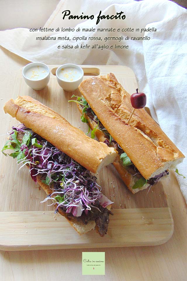 stuffed sandwich with meat salad onion sprouts