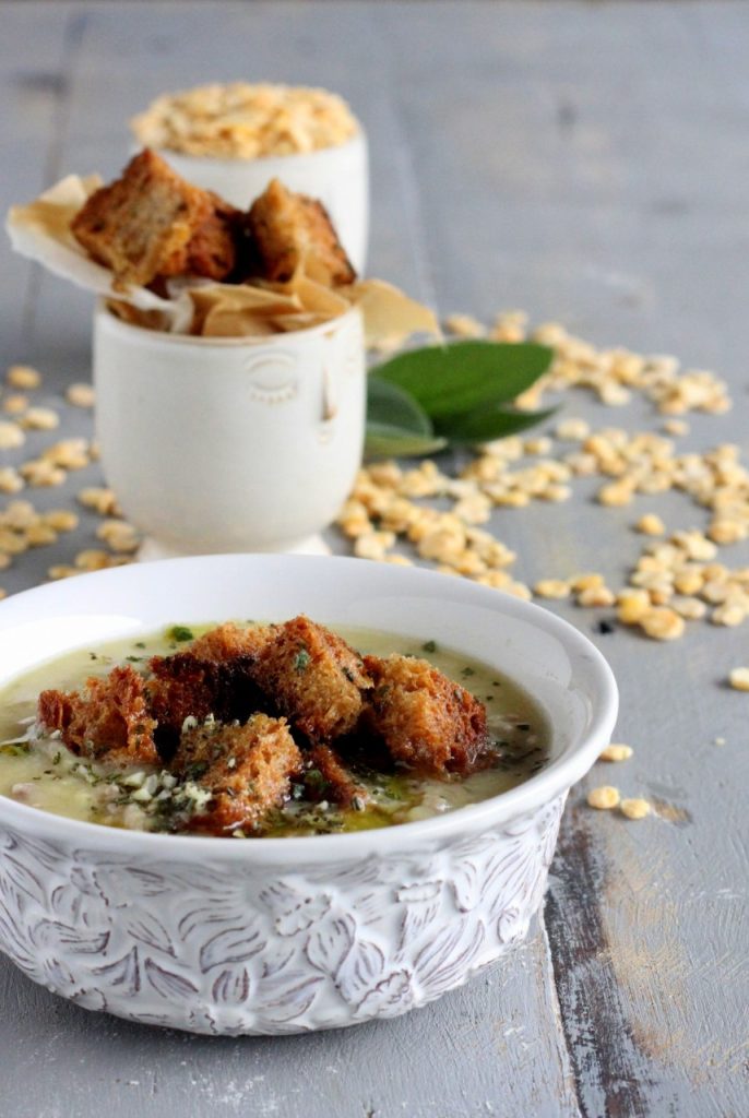 Smooth Soup of Grass Pea, Sausage, and Bread Croutons