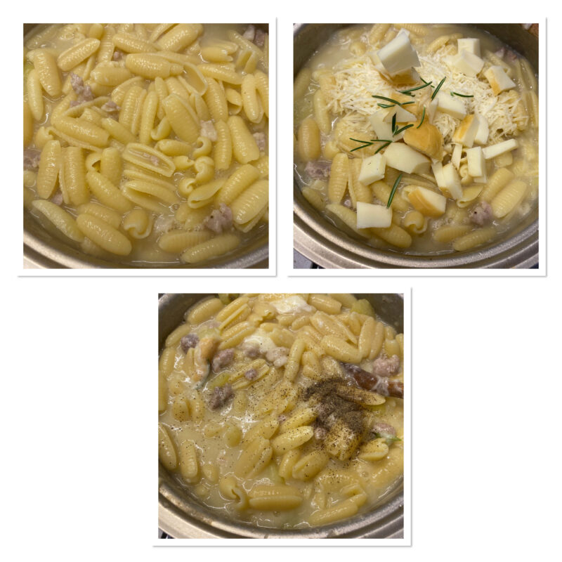 Pasta with potatoes, provola and crumbled sausage
