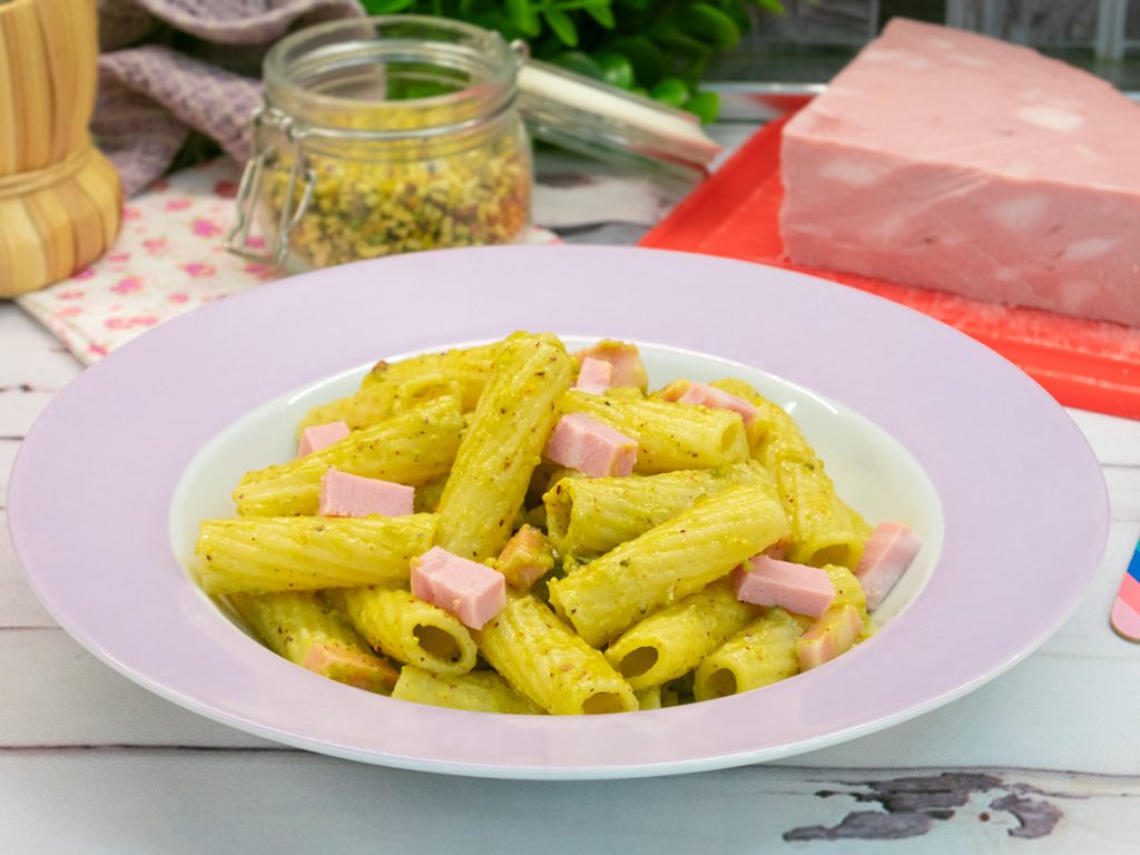 Pasta with Pistachio Pesto and Bologna