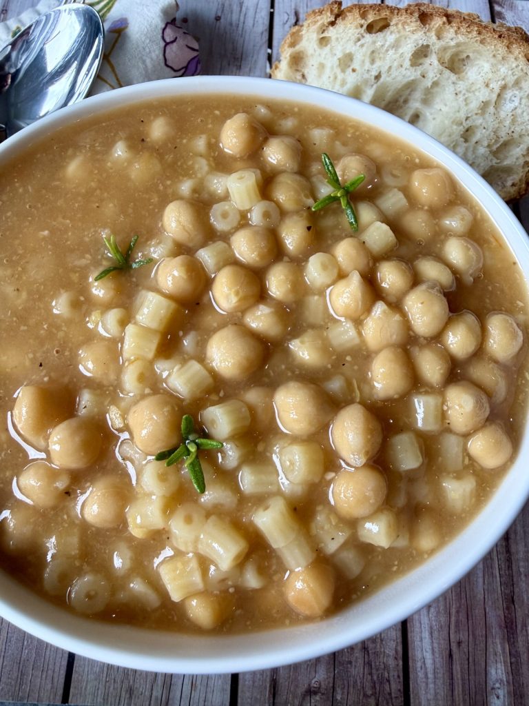 Grandma's creamy pasta and chickpeas in a rustic dish