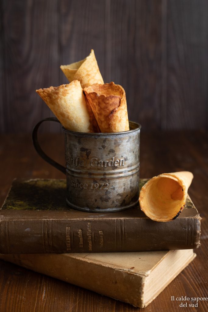 Homemade lactose-free ice cream cones, crispy and golden