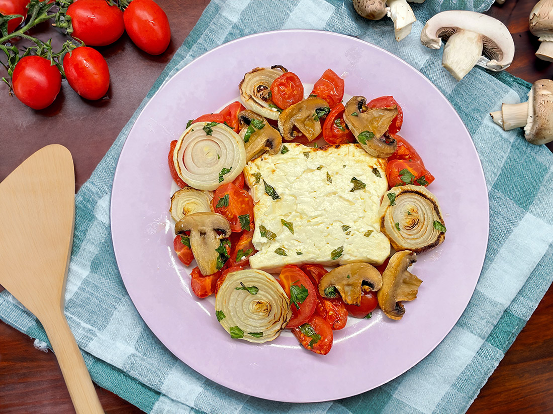 Feta with Mushrooms and Cherry Tomatoes in Air Fryer