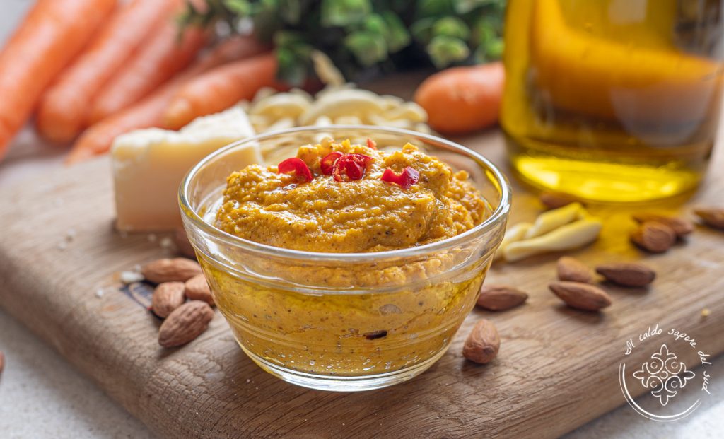 creamy carrot pesto with almonds and Parmesan ready