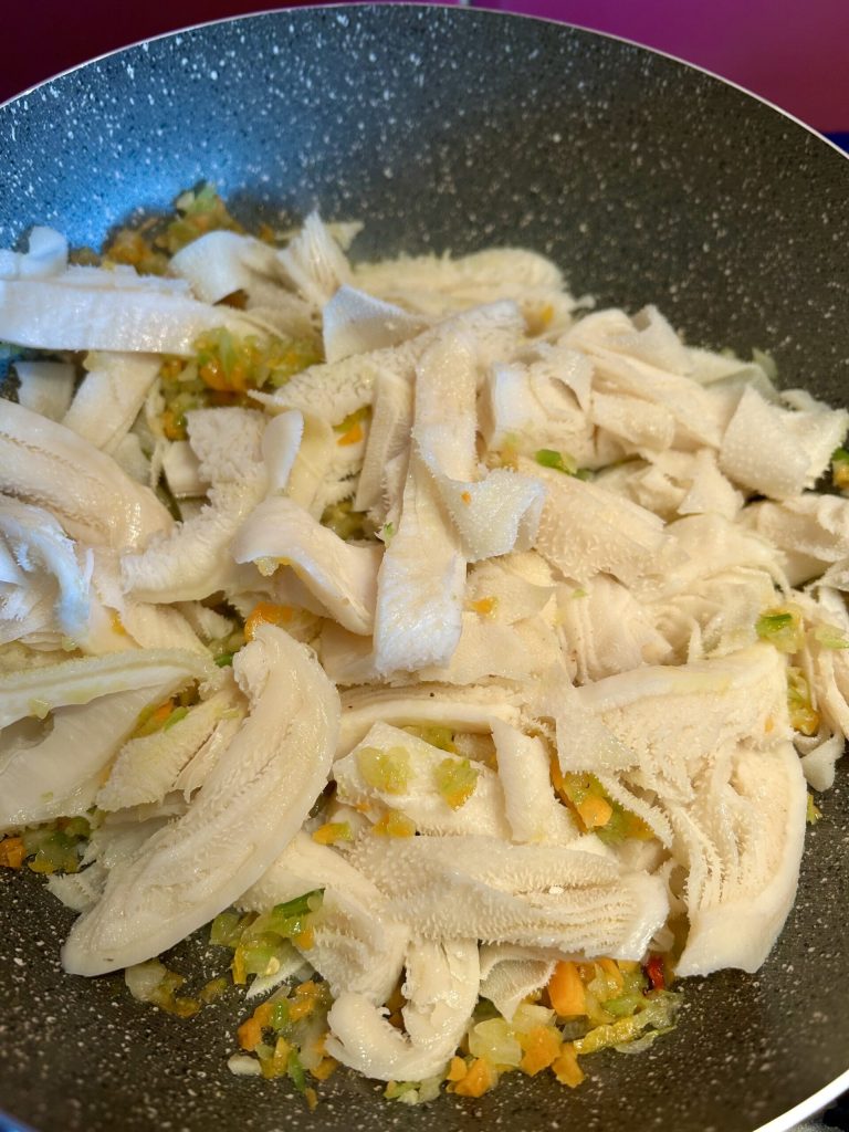 Pre-boiled tripe added to the sauté for quick Roman-style tripe with pecorino