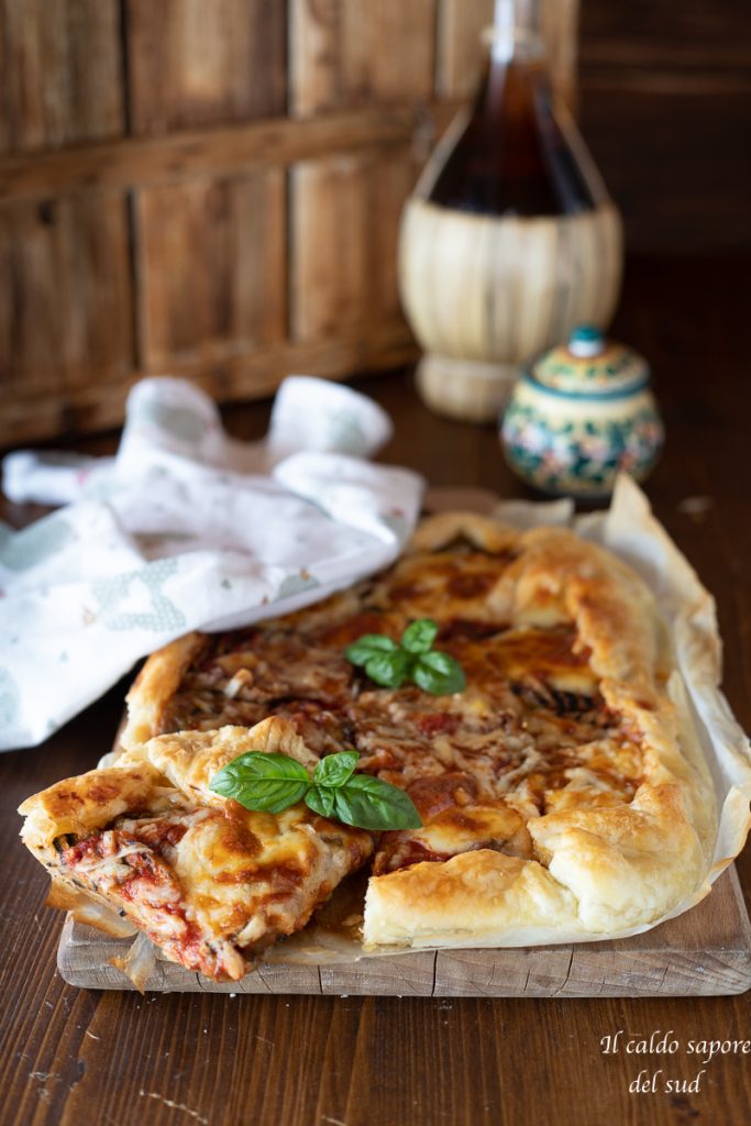 Puff pastry with grilled eggplant, tomato and mozzarella