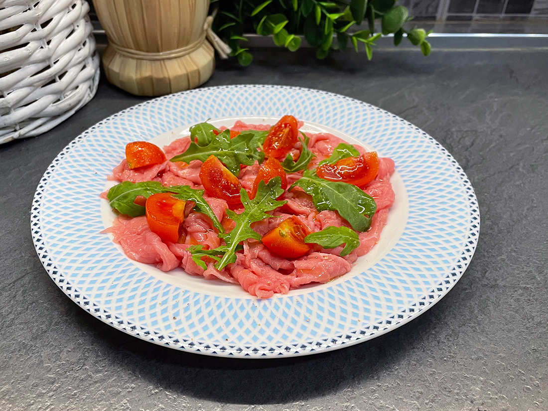 Beef Carpaccio with Cherry Tomatoes and Arugula