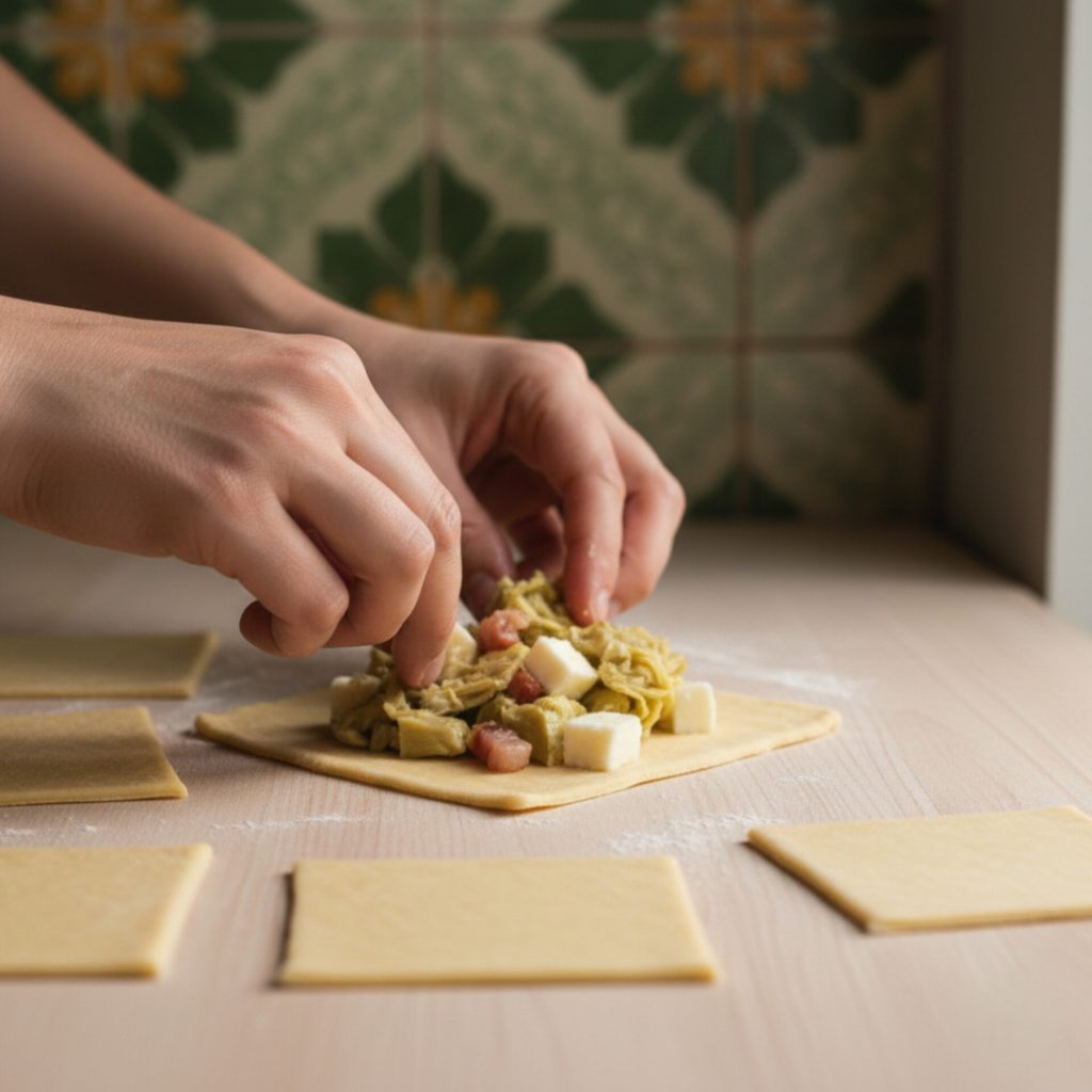 Fill each rectangle with the artichoke mixture