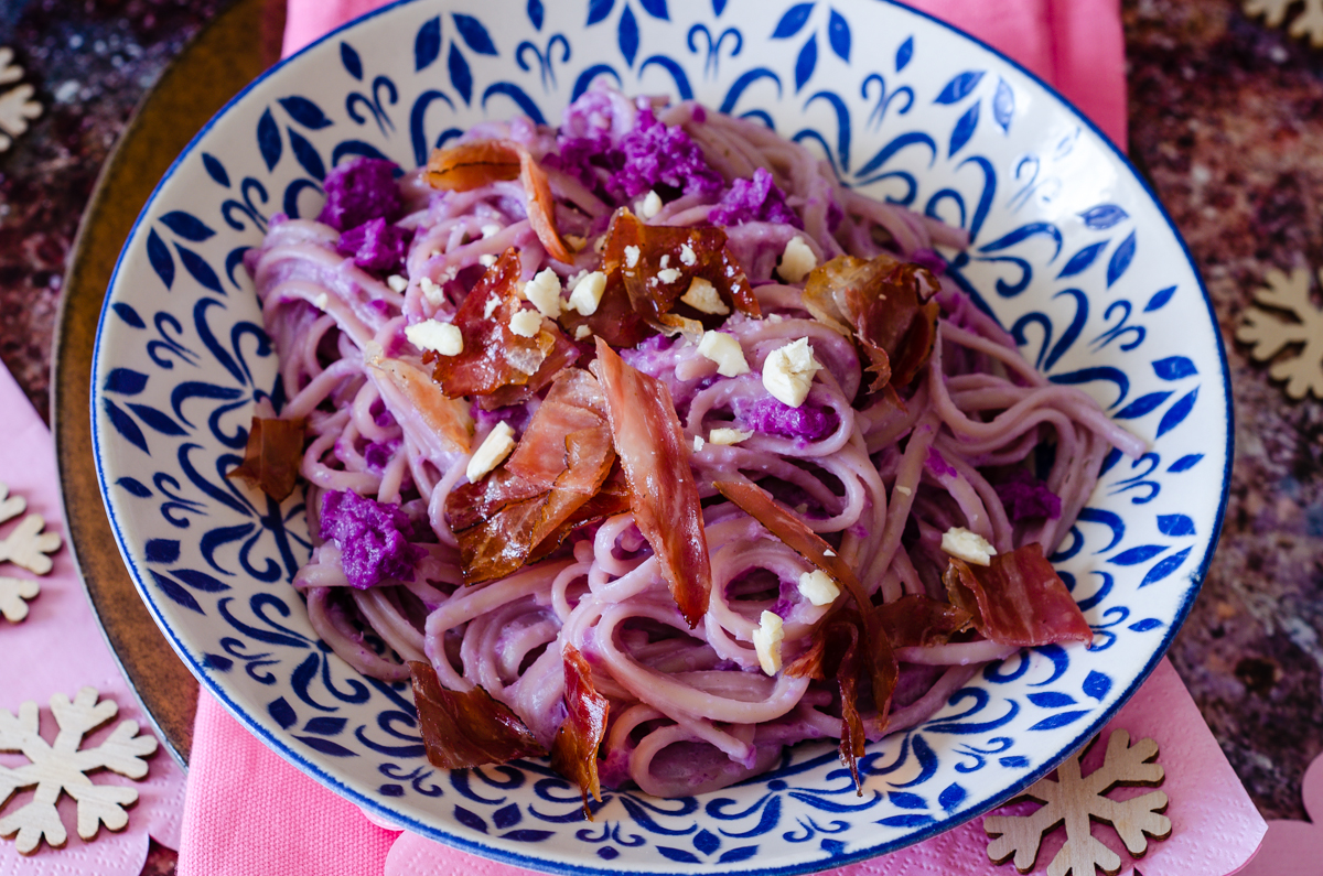Pasta with Purple Cabbage Cream and Speck