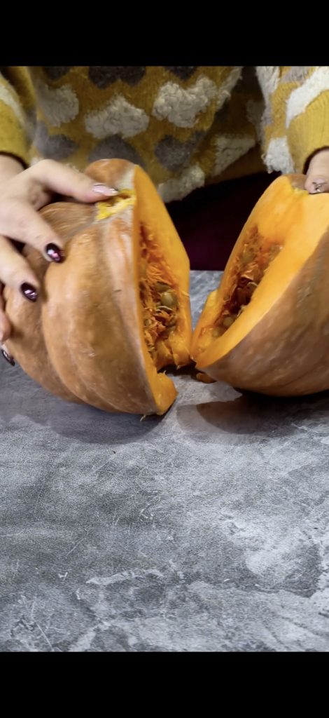 Cut the pumpkin in half and slice it