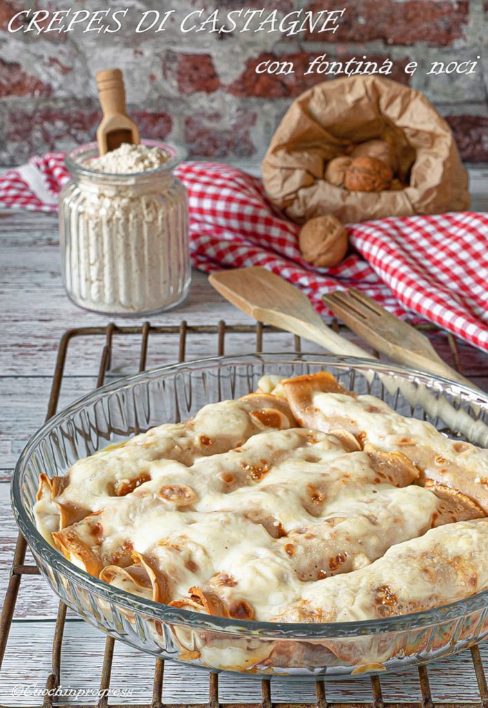 chestnut crepes with fontina and walnuts