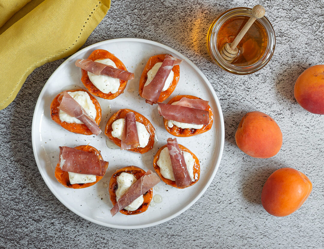 Grilled Apricots with Stracchino, Prosciutto and Honey