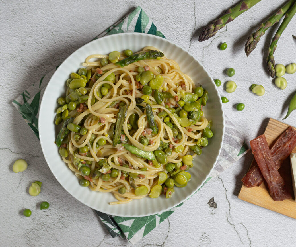 Linguine with Asparagus, Fava Beans and Peas