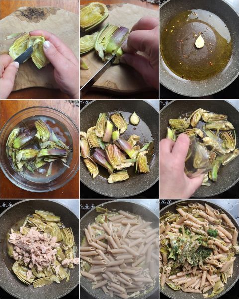 preparing the pasta with artichokes and tuna