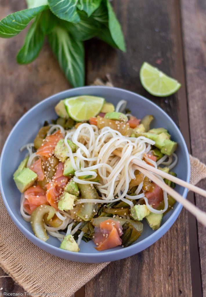 rice tagliatelle with salmon and avocado
