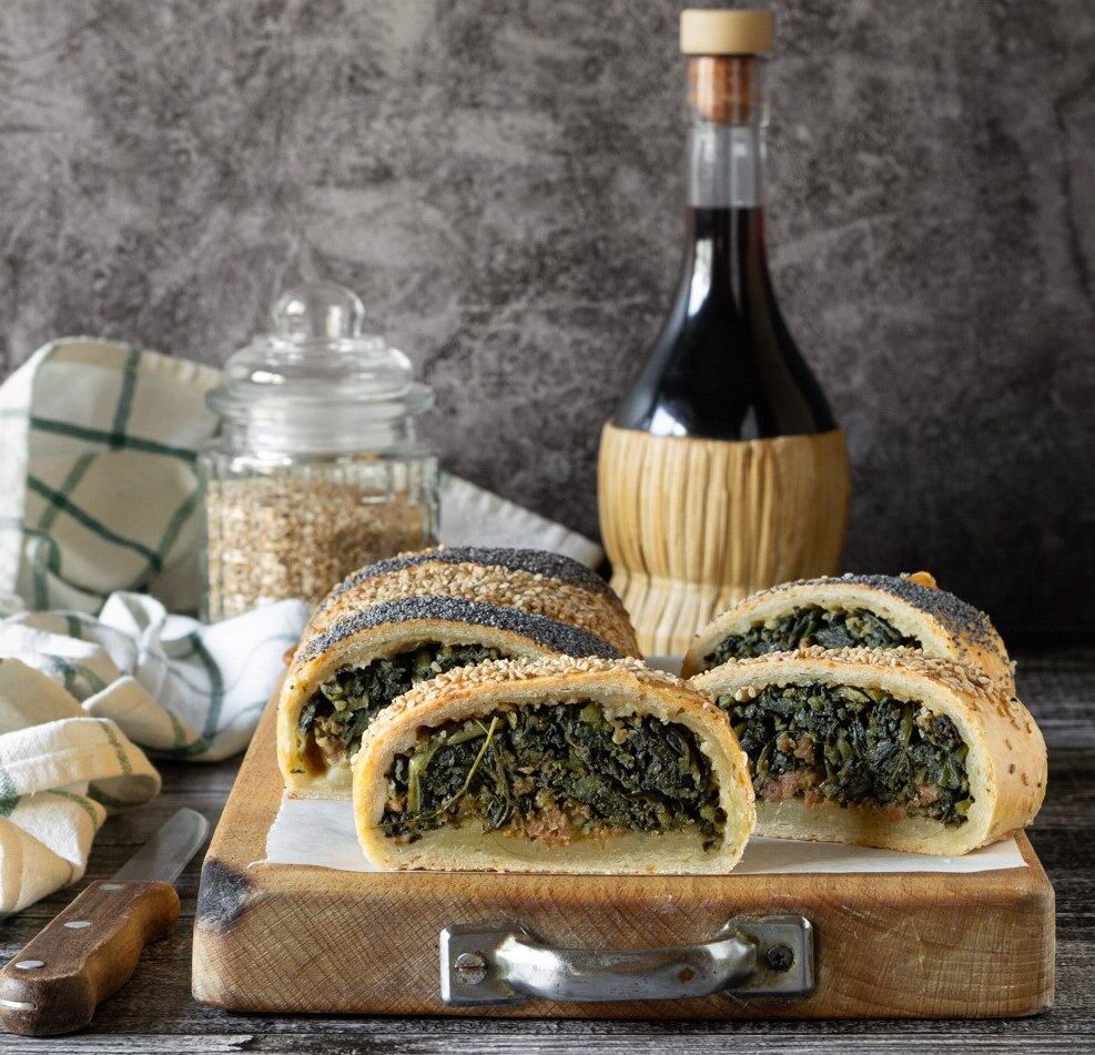 Savory chicory and sausage strudel