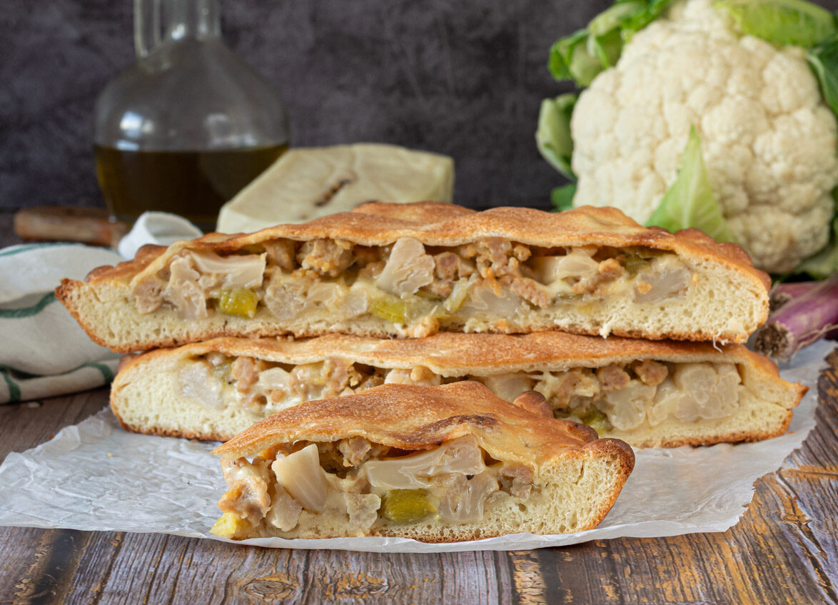 Scacciata with Cauliflower, Sausage and Tuma