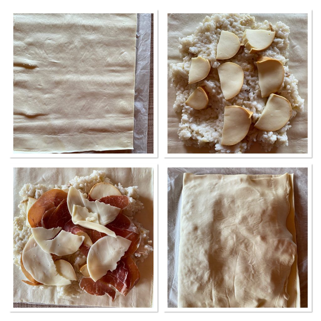 Puff pastry filled with leftover risotto, smoked provola and speck