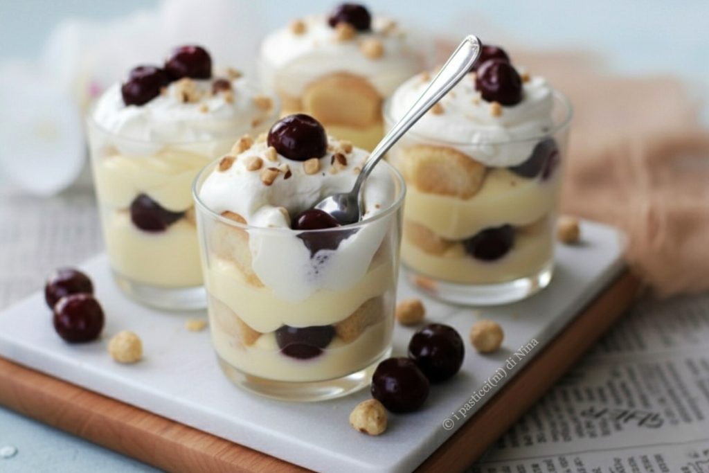 Creamy sour cherry cup, a spoon dessert with lemon diplomat cream, ladyfingers and cherries in syrup i pasticcini di Nina