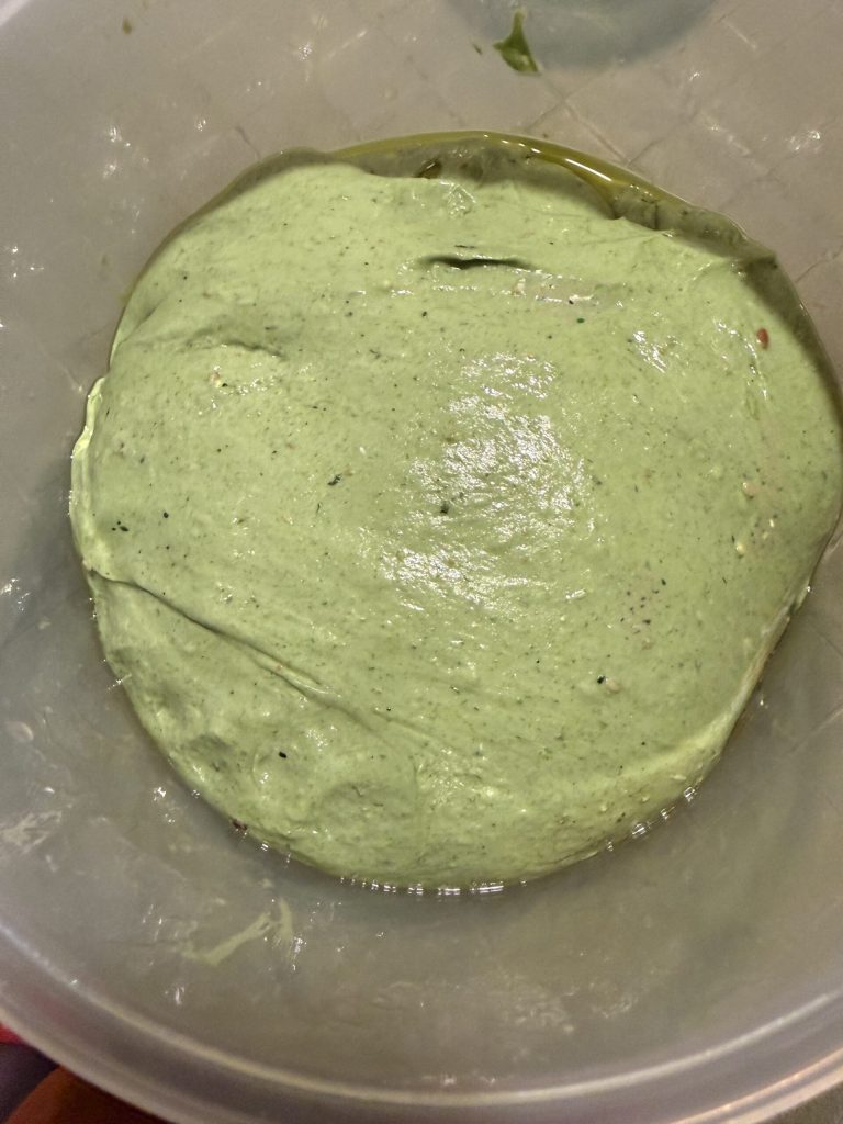 dough for tuscan kale flatbread with sourdough starter ready for fermentation