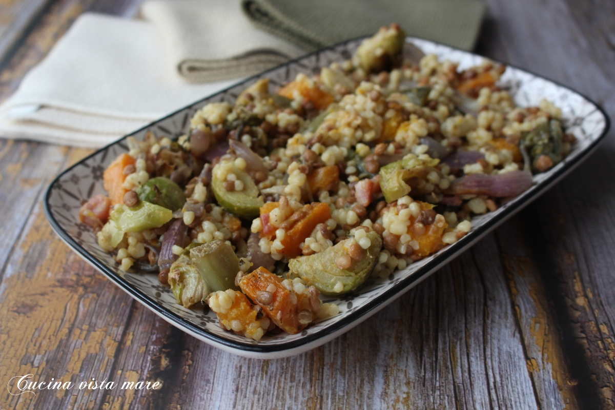 Sardinian fregula with vegetables and lentils