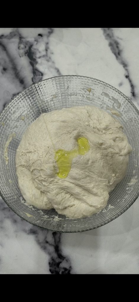 Oil the dough and transfer it into the baking pan