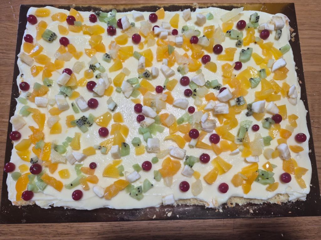 Fresh Fruit Cake with Pastry Cream and Whipped Cream
