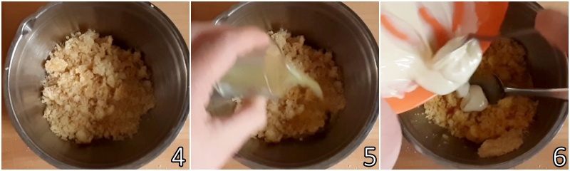 b. add limoncello and melted white chocolate to the crumbled cakes