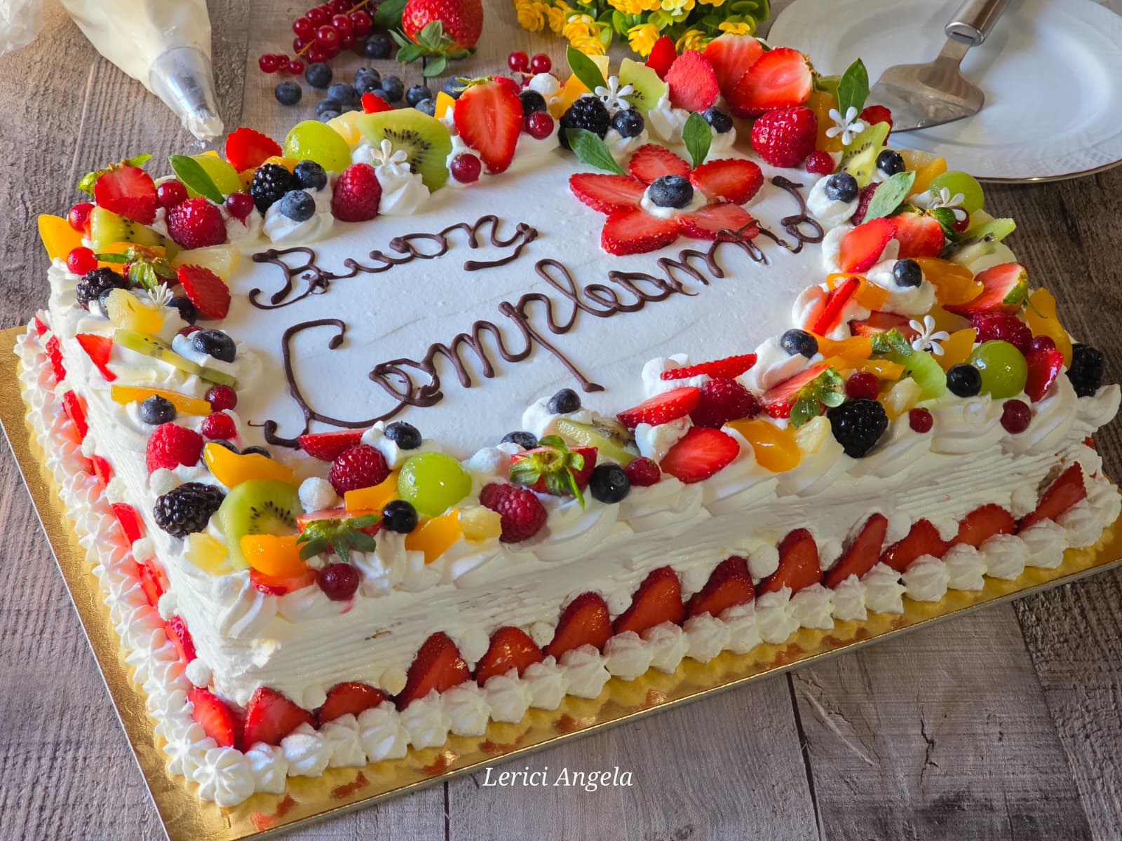 Fresh Fruit Cake with Pastry Cream and Whipped Cream