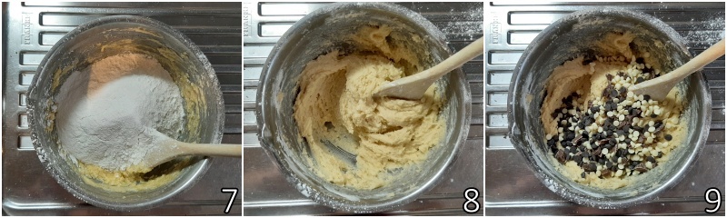 c. add the flour and the triple chocolate to the cookie dough