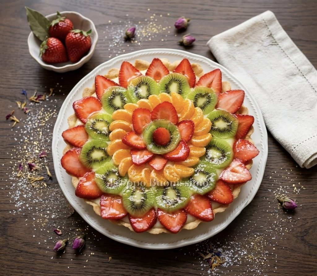 Fresh fruit tart with kiwi, strawberries and mandarins on pastry cream.