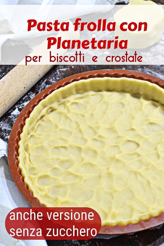 Shortcrust pastry made with a stand mixer in a decorated tin with raw dough and kitchen tools in the background