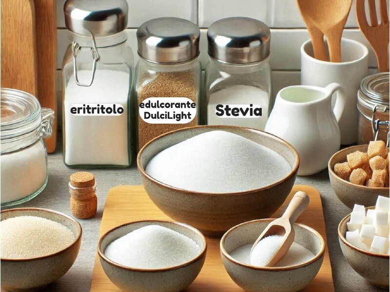 Neat kitchen countertop with bowls containing erythritol, DulciLight sweetener and stevia