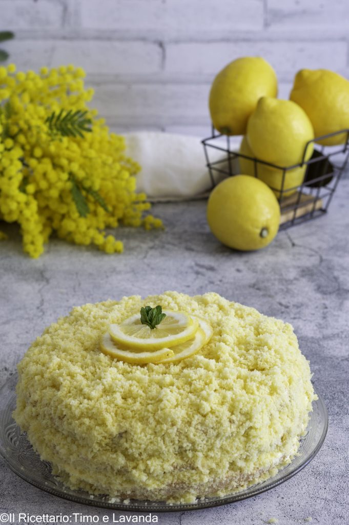 Decoration of the lemon mimosa cake (gluten-free) with soft sponge cubes