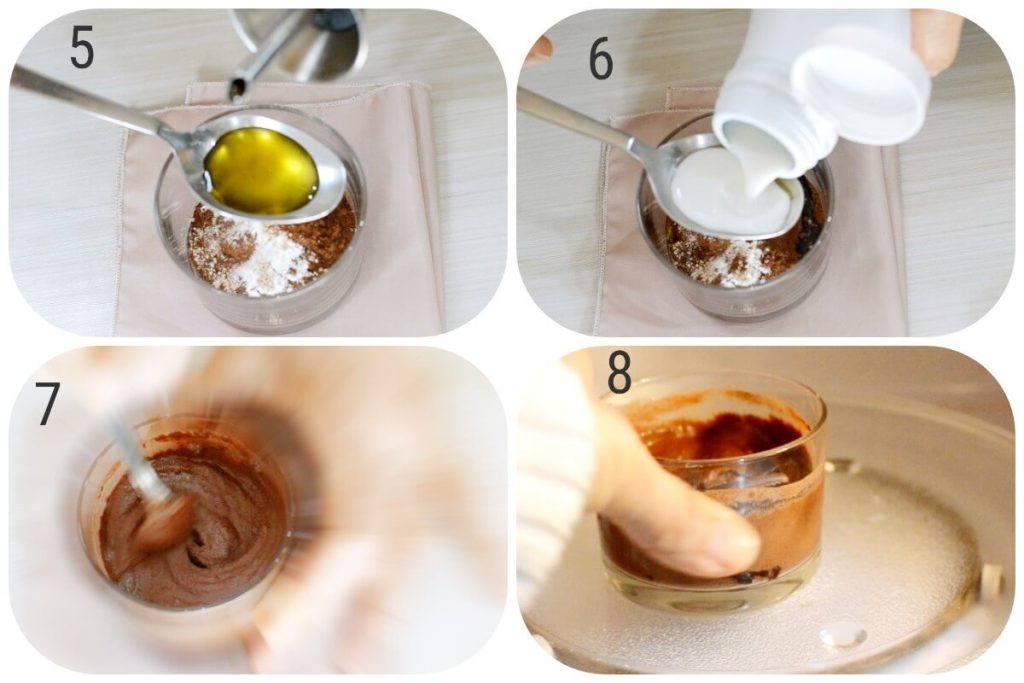 Adding oil and milk to the Egg-Free Mug Cake batter