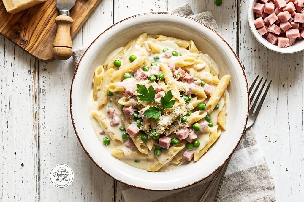 pasta with cream, ham and peas