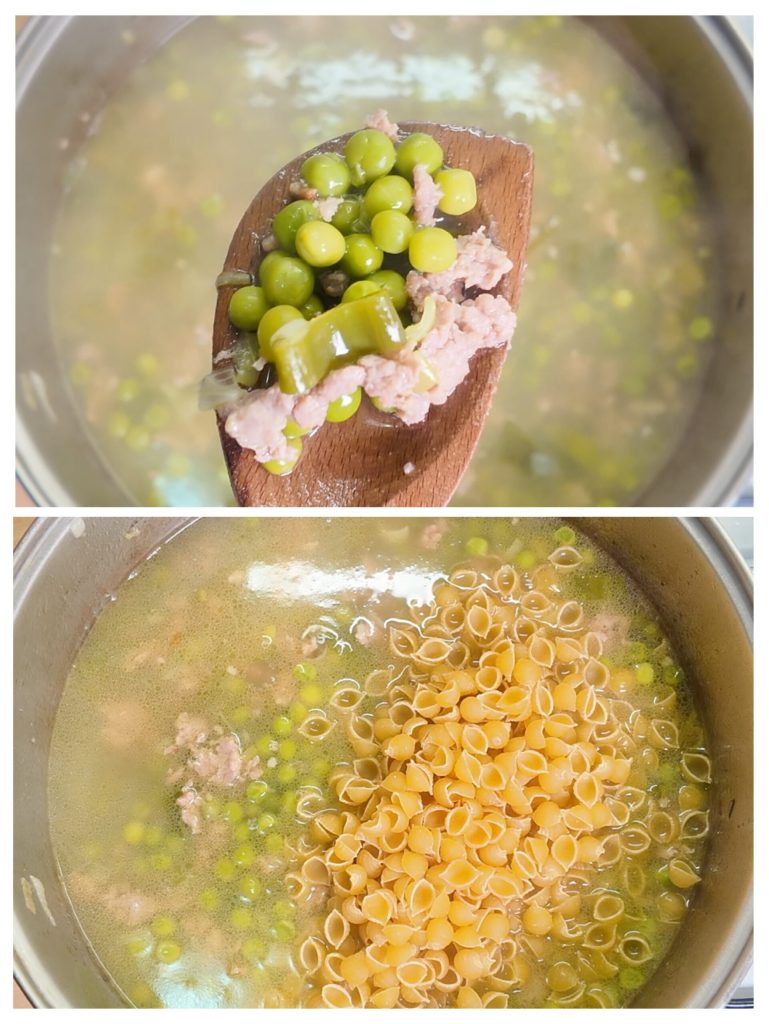 Collage of risotto-style cooking of pasta and peas with sausage: adding shells and stirring.