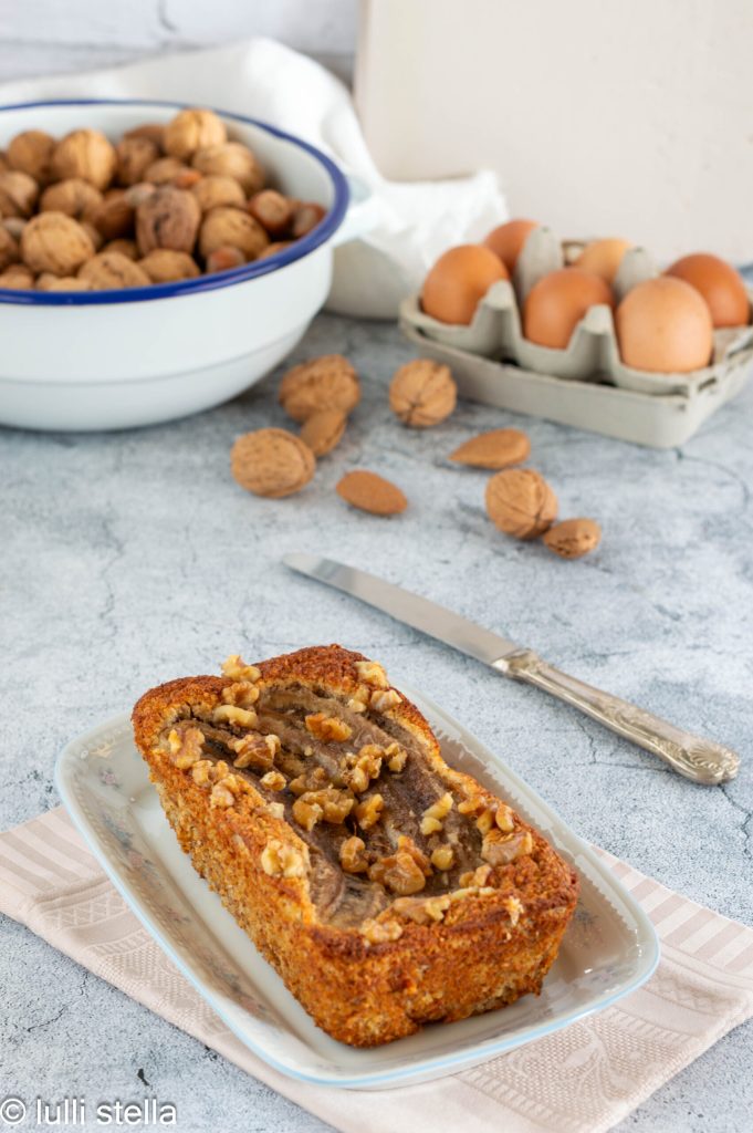 healthy gluten-free banana bread top view with natural ingredients