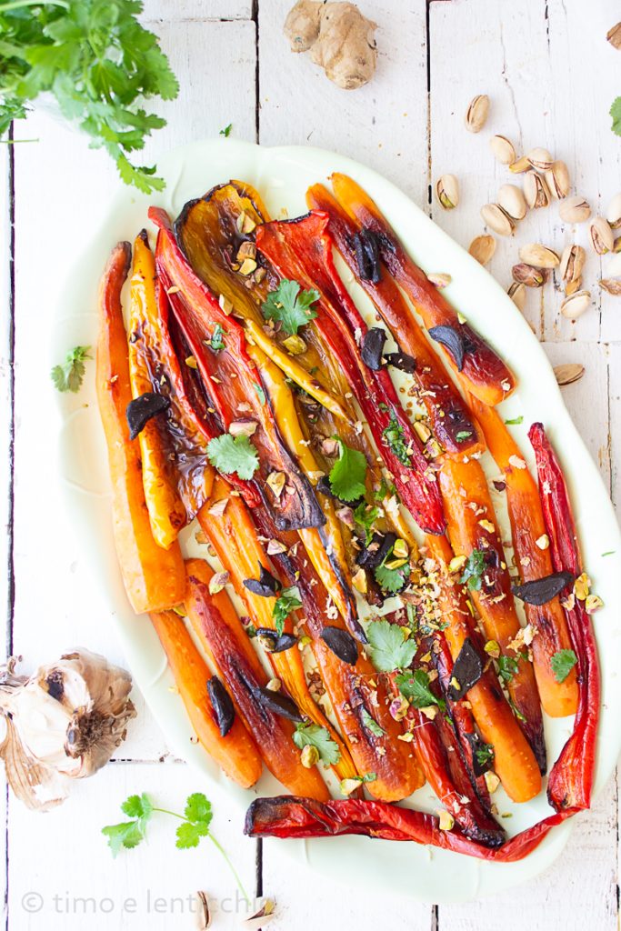 Carrots and peppers pistachios and cilantro