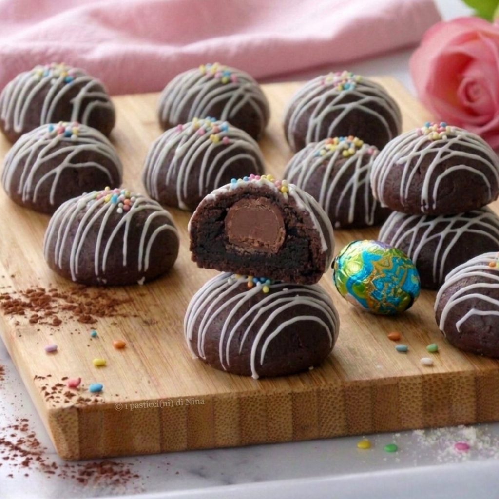 Biscotti ripieni di ovetti di cioccolato con glassa e confettini colorati ricetta per Pasqua i pasticcini di Nina