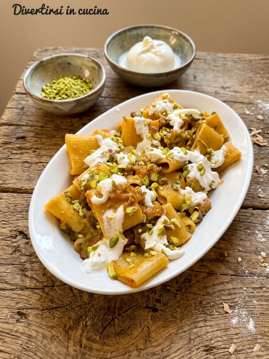 Creamy half paccheri with sausage, asparagus and burrata heart