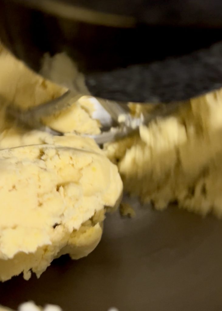 shortcrust dough coming together in the stand mixer