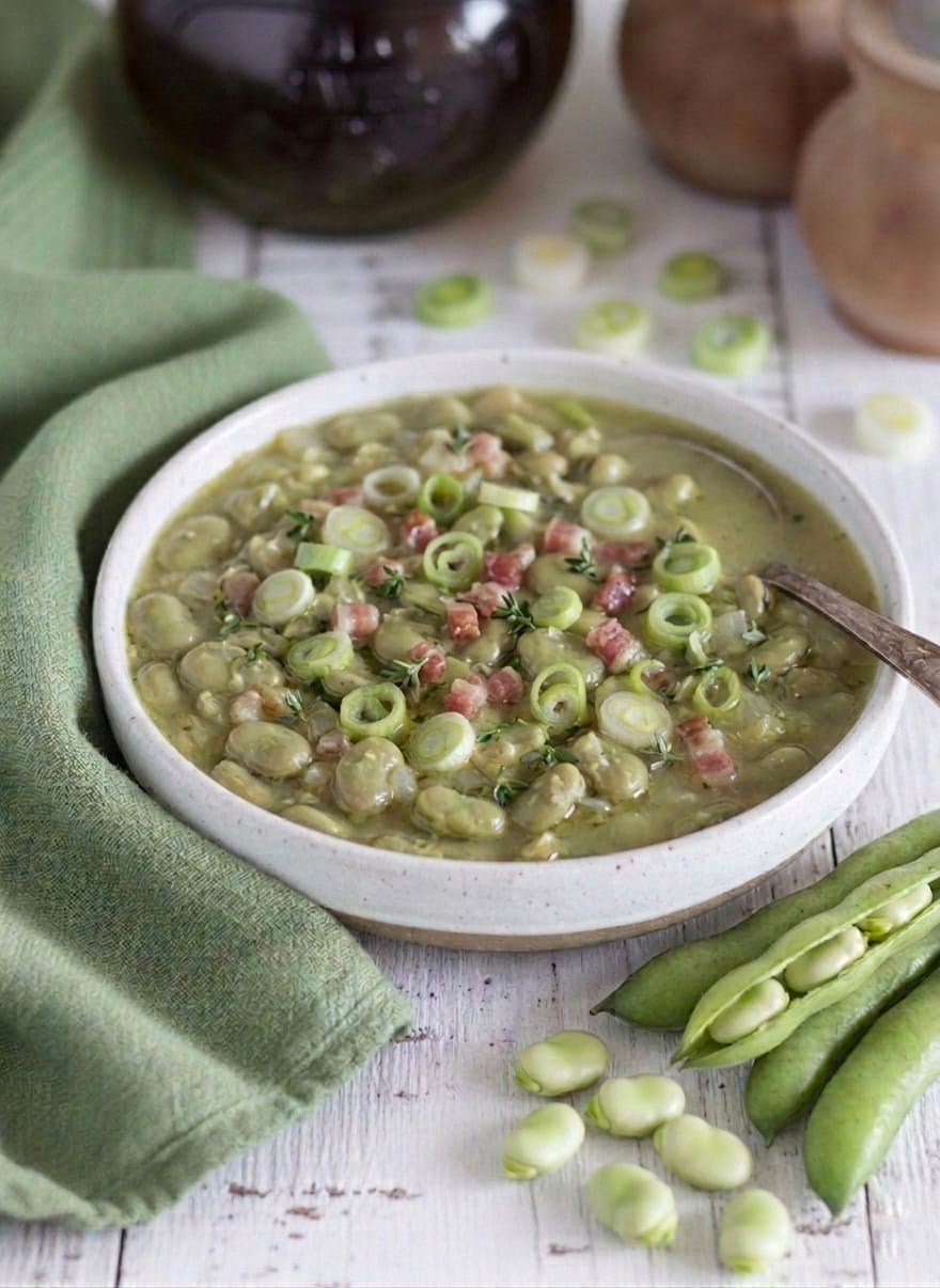 Fresh Fava Bean Soup with Pancetta and Scallion